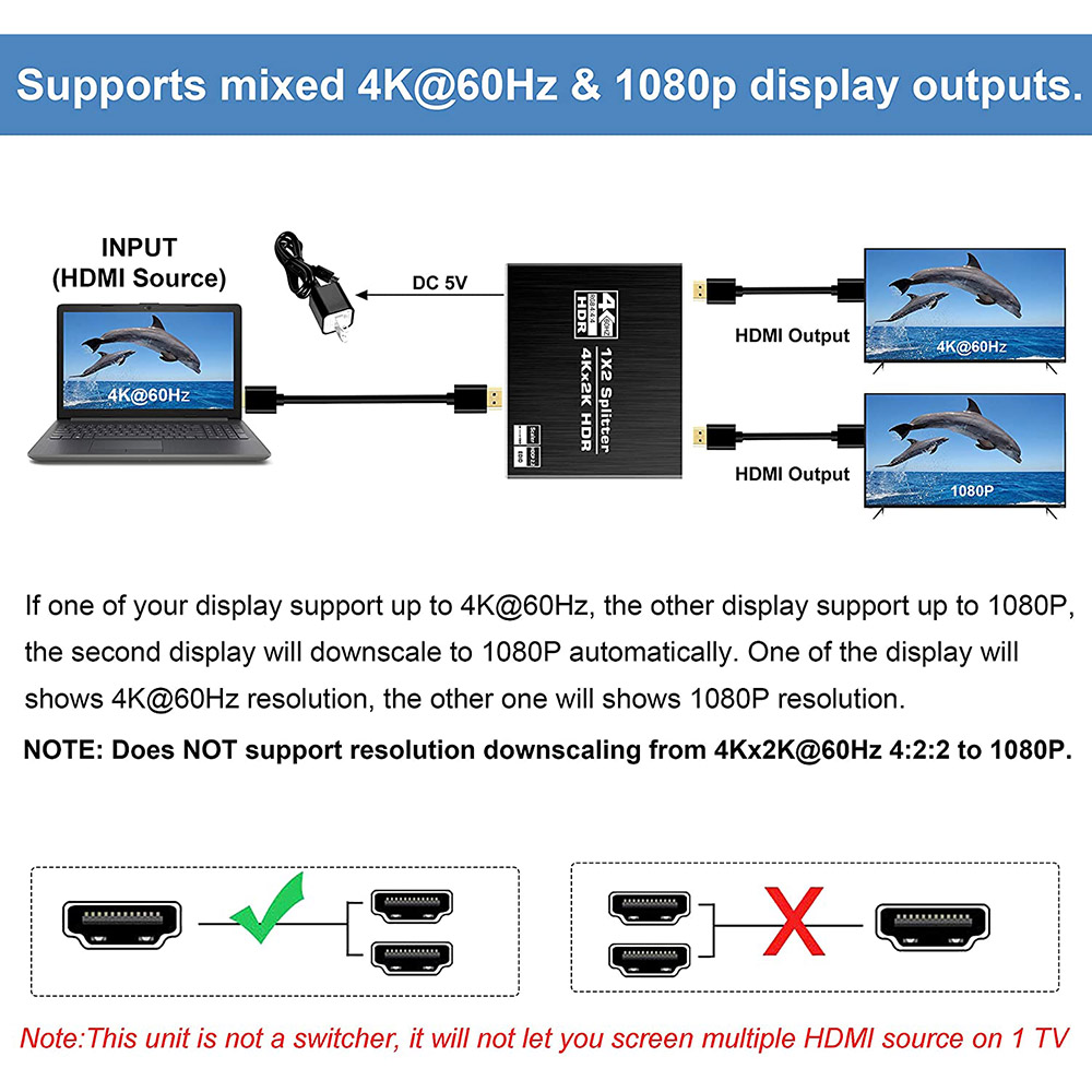 HDR HDMI 4K Splitter 1x2 HDCP2.2 4Kx2K 60Hz 1 In 2 Out HDMI Converter with Scaler For Dolby Monitor PS4 XBOX