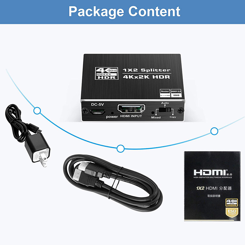 HDR HDMI 4K Splitter 1x2 HDCP2.2 4Kx2K 60Hz 1 In 2 Out HDMI Converter with Scaler For Dolby Monitor PS4 XBOX