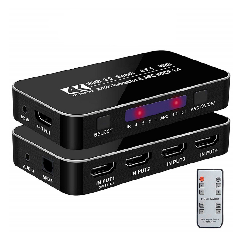 HDMI2.0 4 in 1 out Switcher Remote Control Switch with Audio Separation Support ARC HDCP 4K 60Hz HDMI Connector