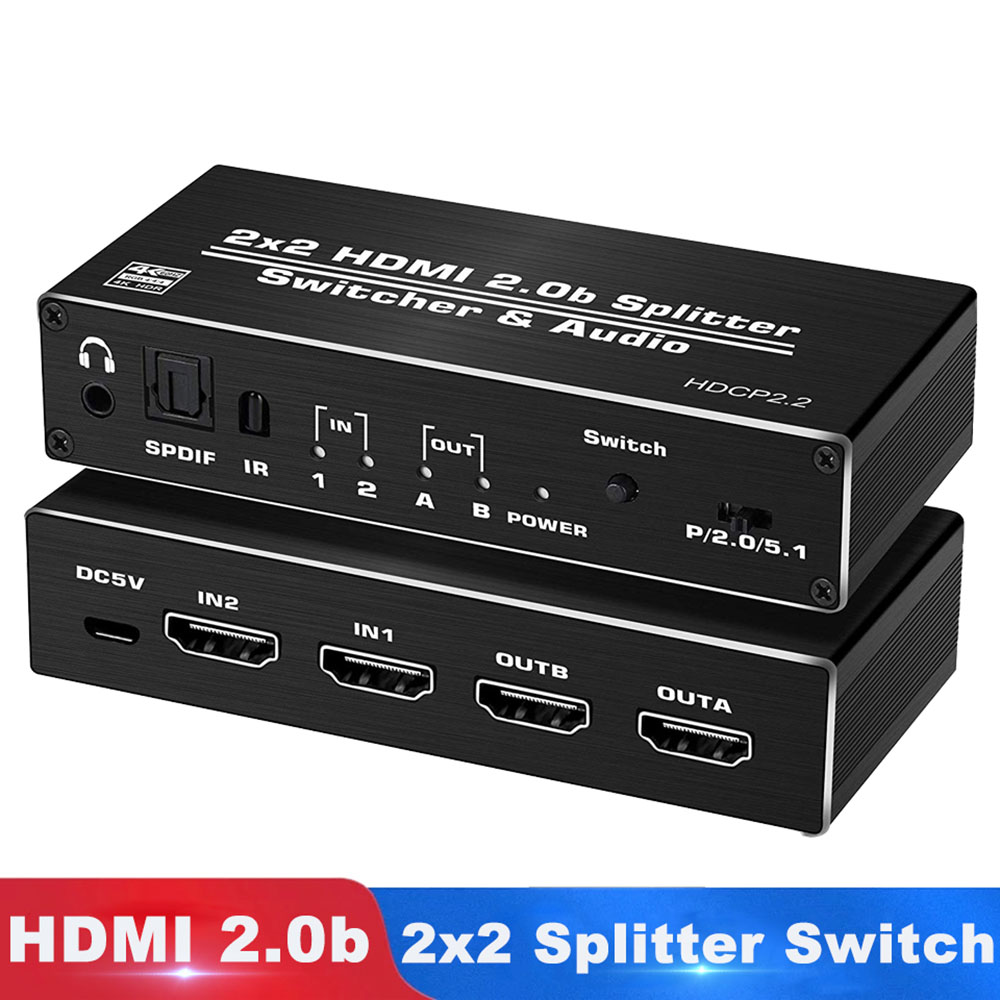 4K HDMI 2.0 Switch 2 in 2 Out 4K@60hz, 2x2 HDMI Switcher Splitter with Optical Toslink SPDIF & 3.5mm Jack Audio Extractor