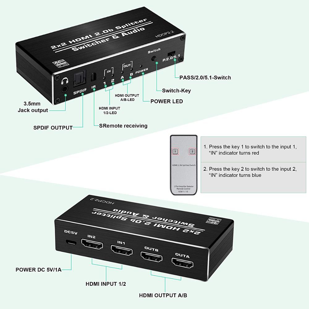 4K HDMI 2.0 Switch 2 in 2 Out 4K@60hz, 2x2 HDMI Switcher Splitter with Optical Toslink SPDIF & 3.5mm Jack Audio Extractor