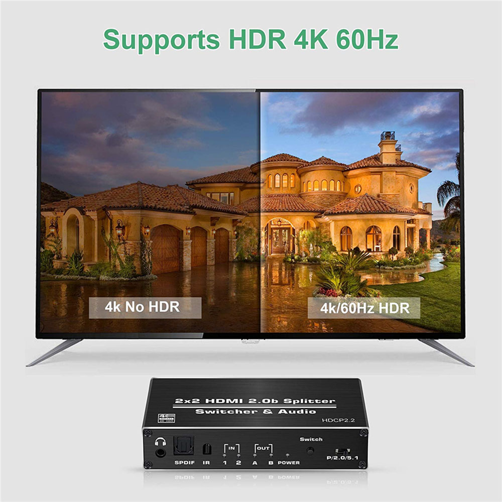 4K HDMI 2.0 Switch 2 in 2 Out 4K@60hz, 2x2 HDMI Switcher Splitter with Optical Toslink SPDIF & 3.5mm Jack Audio Extractor