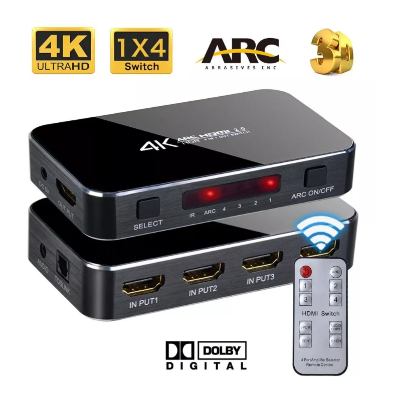 HDMI2.0 4 in 1 out Switcher Remote Control Switch with Audio Separation Support ARC HDCP 4K 60Hz HDMI Connector