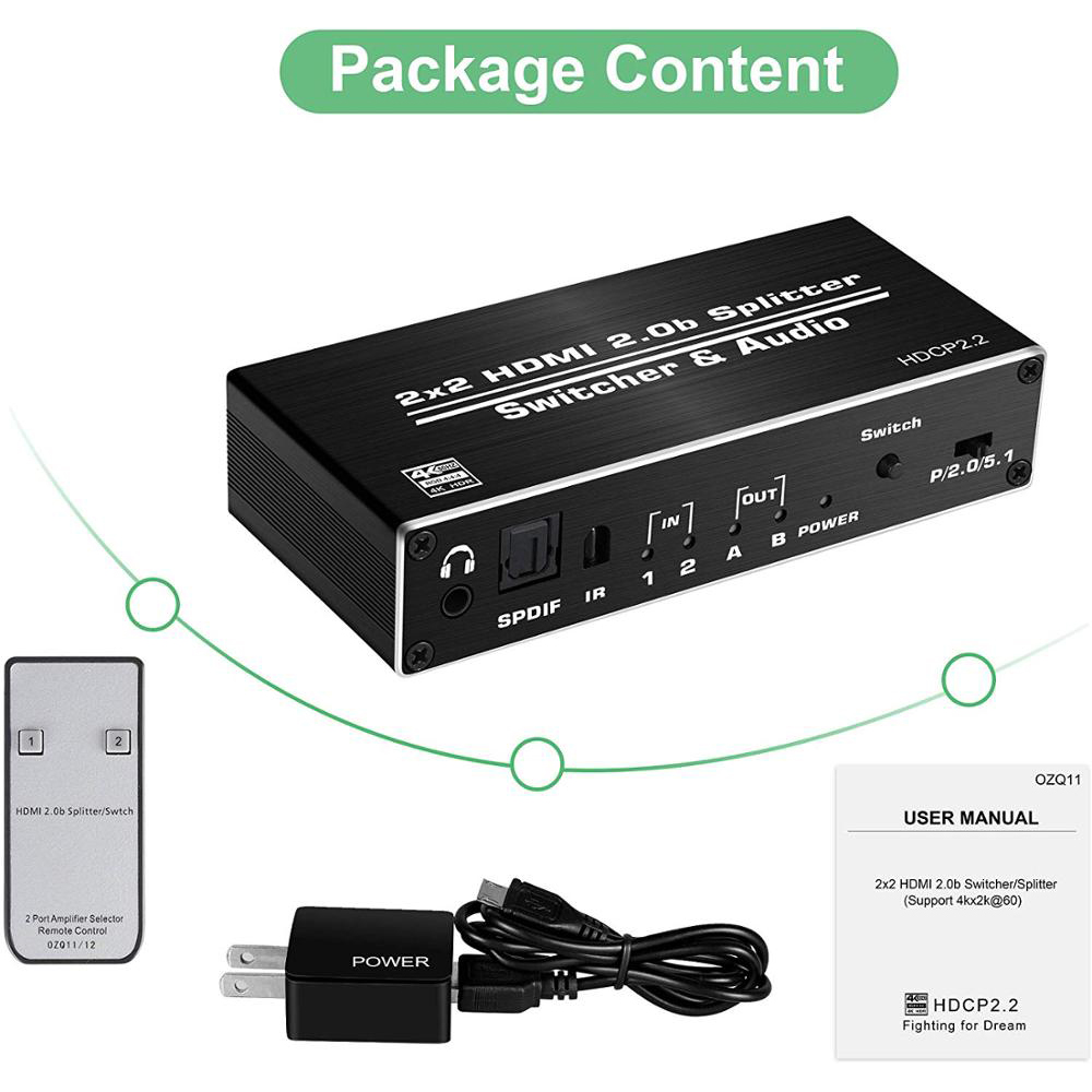 4K HDMI 2.0 Switch 2 in 2 Out 4K@60hz, 2x2 HDMI Switcher Splitter with Optical Toslink SPDIF & 3.5mm Jack Audio Extractor