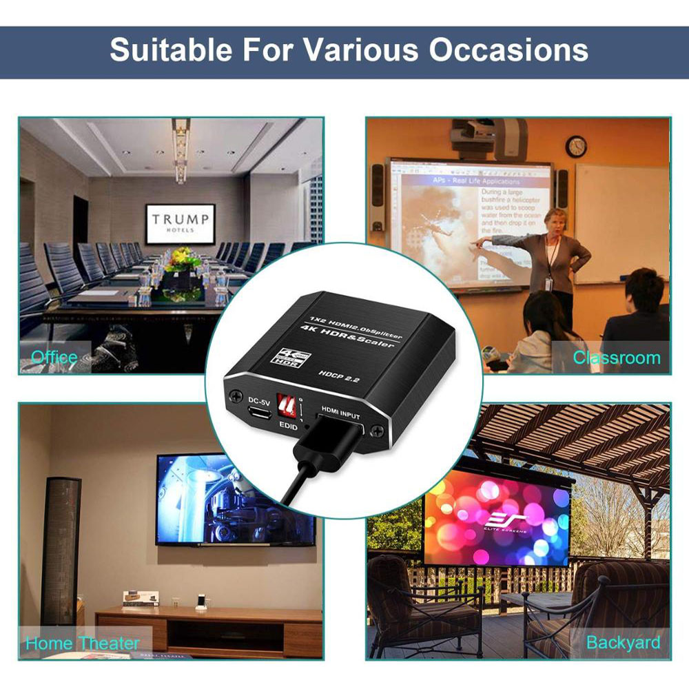 4K 60Hz HDMI2.0 Splitter 1x2 1 In 2 Out HDMI Splitter Support EDID / 3D / HDCP2.2 / HDR