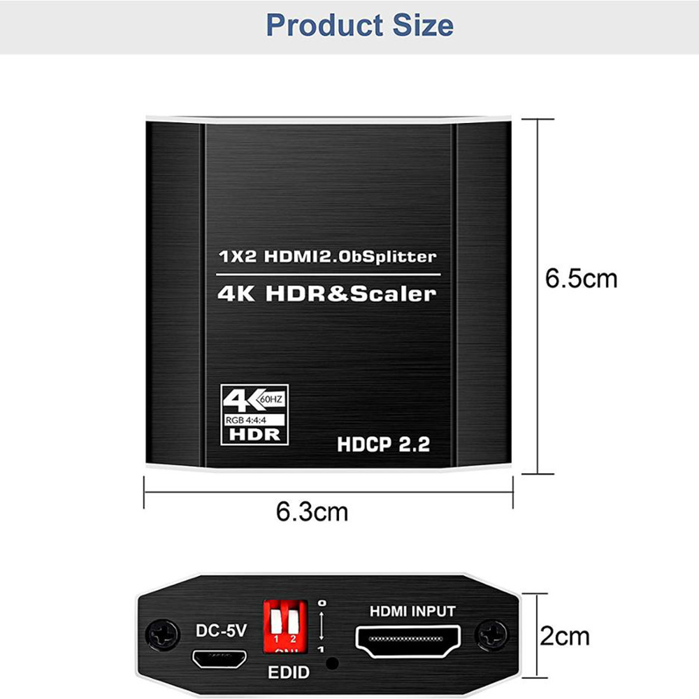 4K 60Hz HDMI2.0 Splitter 1x2 1 In 2 Out HDMI Splitter Support EDID / 3D / HDCP2.2 / HDR