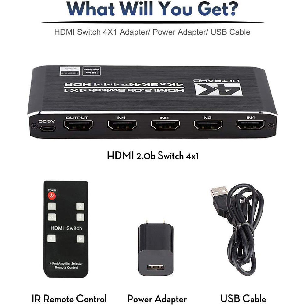 4K@60Hz HDMI 2.0b Switch 4x1, 4 in 1 Out 4K HDMI Switcher with IR Remote Support Auto-Switch, HDR, HDCP 2.2, Dolby Vision, 1080P 