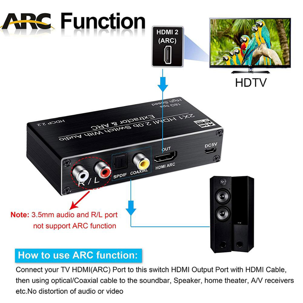 2x1 HDMI Switch 4k@60Hz ARC , 2 in 1 Out HDMI2.0b Switcher with Optical & Coaxial & R/L & 3.5mm Stereo Audio Out, HDMI Audio 