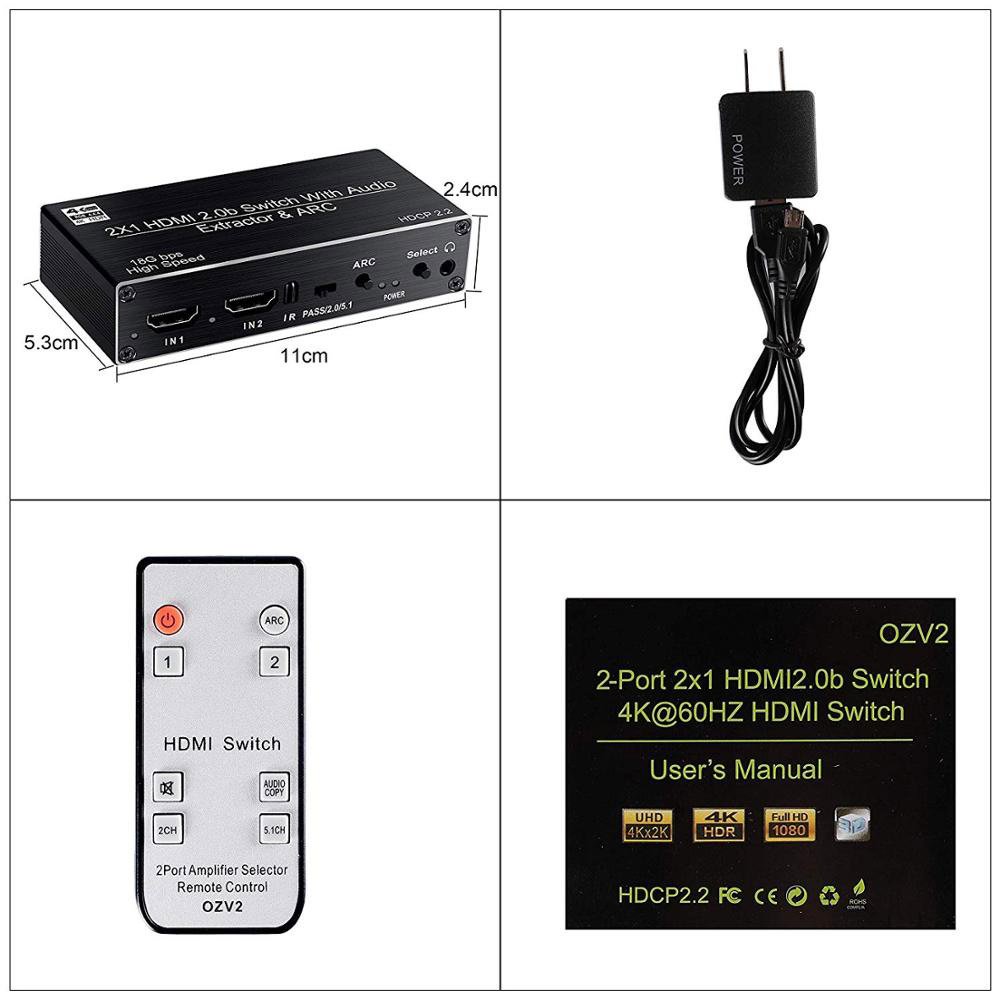 2x1 HDMI Switch 4k@60Hz ARC , 2 in 1 Out HDMI2.0b Switcher with Optical & Coaxial & R/L & 3.5mm Stereo Audio Out, HDMI Audio 