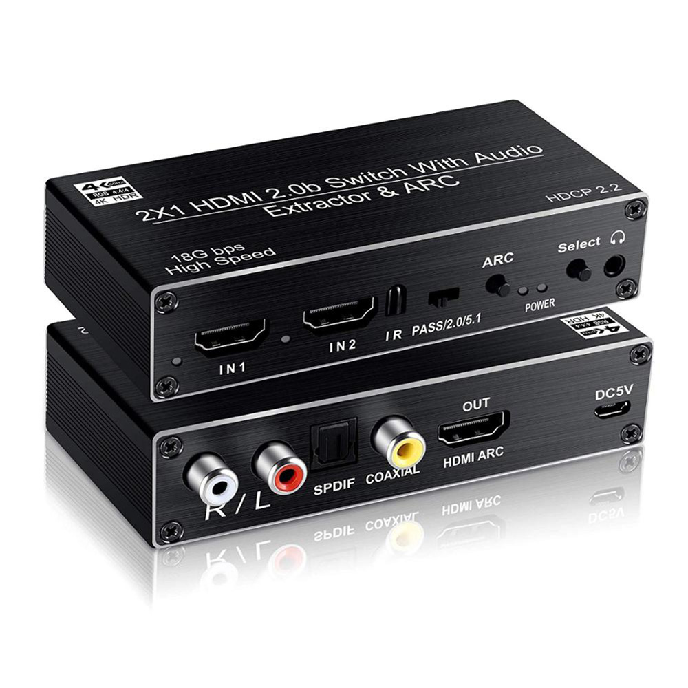 2x1 HDMI Switch 4k@60Hz ARC , 2 in 1 Out HDMI2.0b Switcher with Optical & Coaxial & R/L & 3.5mm Stereo Audio Out, HDMI Audio 