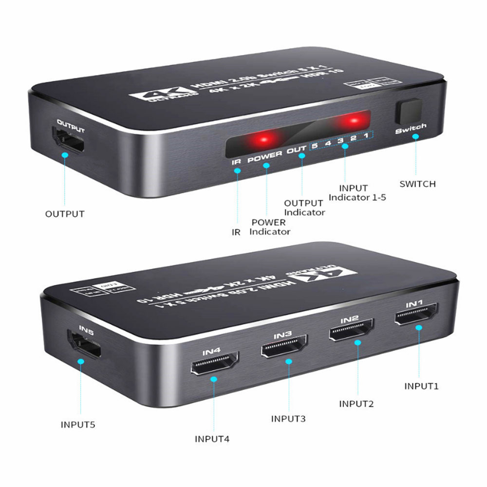 4K@60Hz HDMI2.0 Switch Adapter 5x1 HDMI 5 in 1 out Switcher HDCP2.2 & IR Control For Nintend PS3 PS4 Computer TV