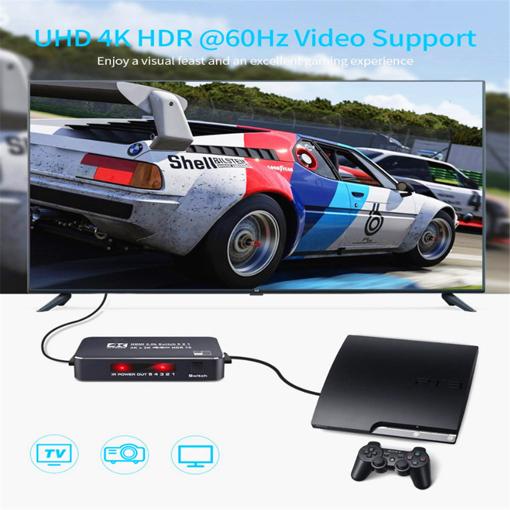 4K@60Hz HDMI2.0 Switch Adapter 5x1 HDMI 5 in 1 out Switcher HDCP2.2 & IR Control For Nintend PS3 PS4 Computer TV