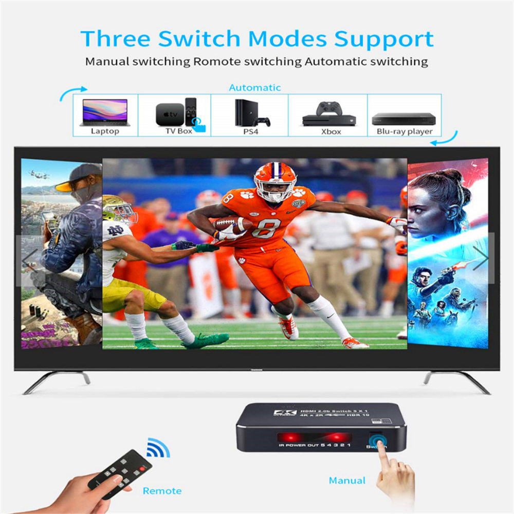 4K@60Hz HDMI2.0 Switch Adapter 5x1 HDMI 5 in 1 out Switcher HDCP2.2 & IR Control For Nintend PS3 PS4 Computer TV